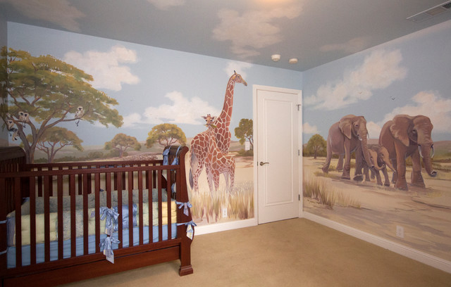Стены с изображением саванны в детской комнате