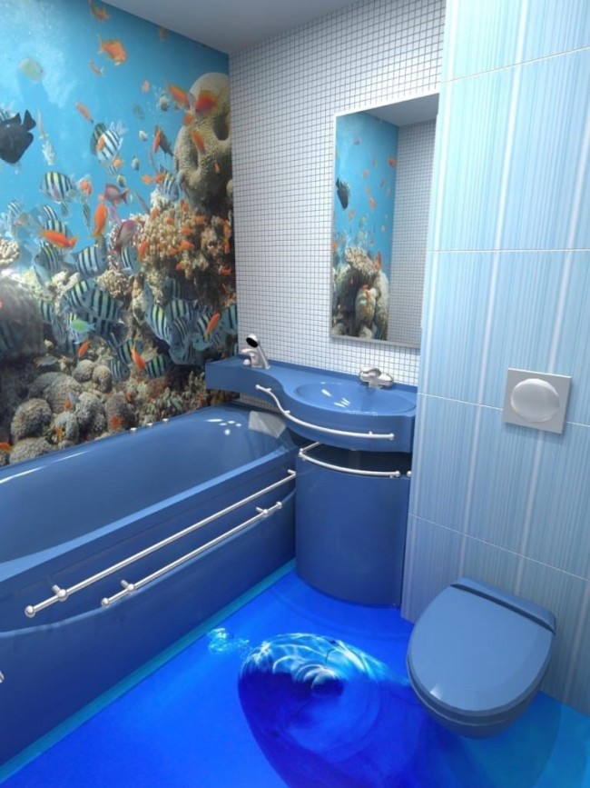 3Д наливной пол в ванной комнате с изображением дельфина на фоне морской бездны