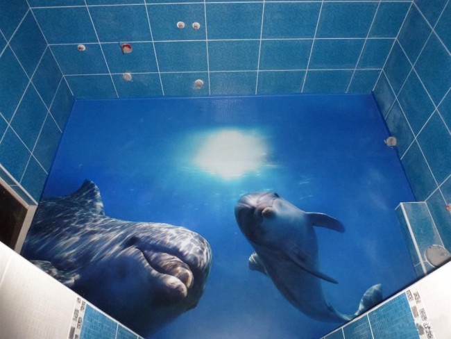3Д дельфины будут великолепно смотреться на полу ванной комнаты