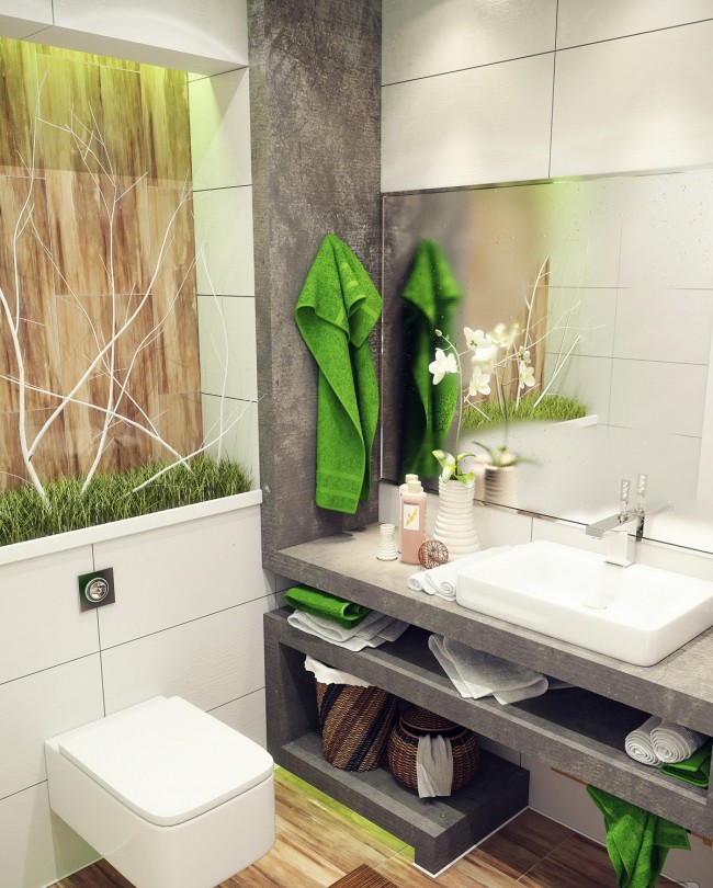 Прекрасный дизайн-проект интерьера туалета в стиле эко. Полка над подвесным унитазом здесь используется только для декоративных целей