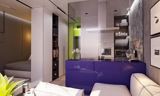 Живые, насыщенные, заряжающие энергией цвета в маленькой квартире с современной меблировкой