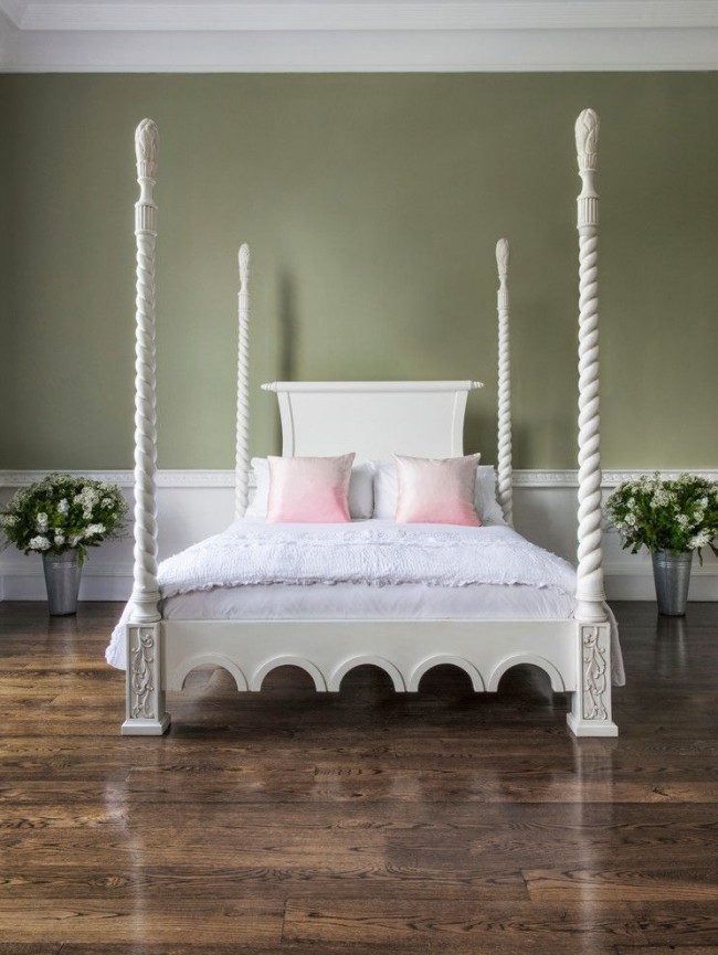 Оливковые цвет стен в оформлении интерьера спальни