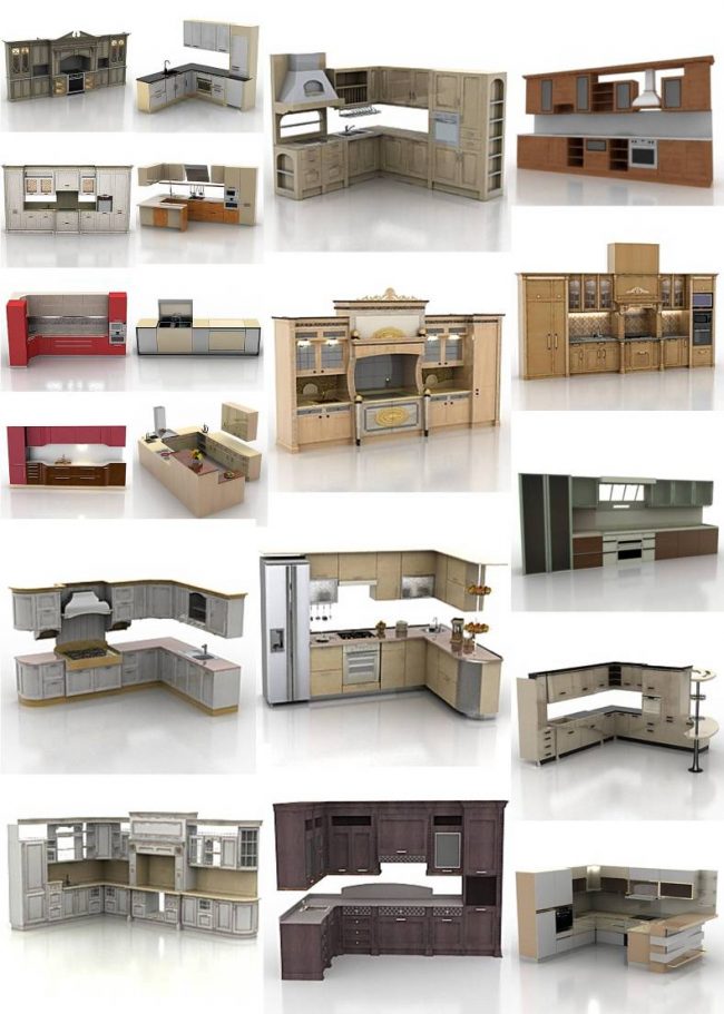 Еще один пример библиотеки трехмерных моделей кухонных гарнитуров. Для некоторых из них возможно менять цвета и материалы фасадов на любые другие