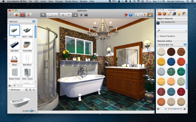 Выбор плитки и сантехники для разработки дизайна ванной комнаты своими руками в Live Interior 3D для Mac