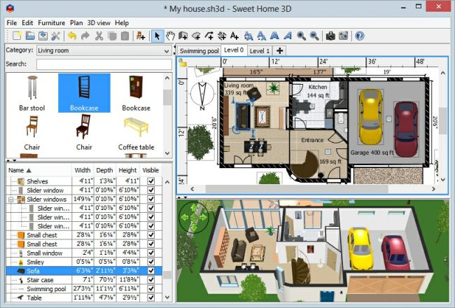 Поэтажный план частного дома с гаражом и террасой, составленный в бесплатной программе Sweet Home 3D от eTeks