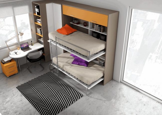 Серый диван-трансформер с креплением к стене - популярный вариант для детской комнаты