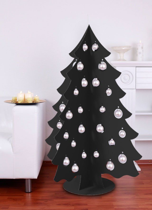 Черная картонная новогодняя елка с белыми шарами