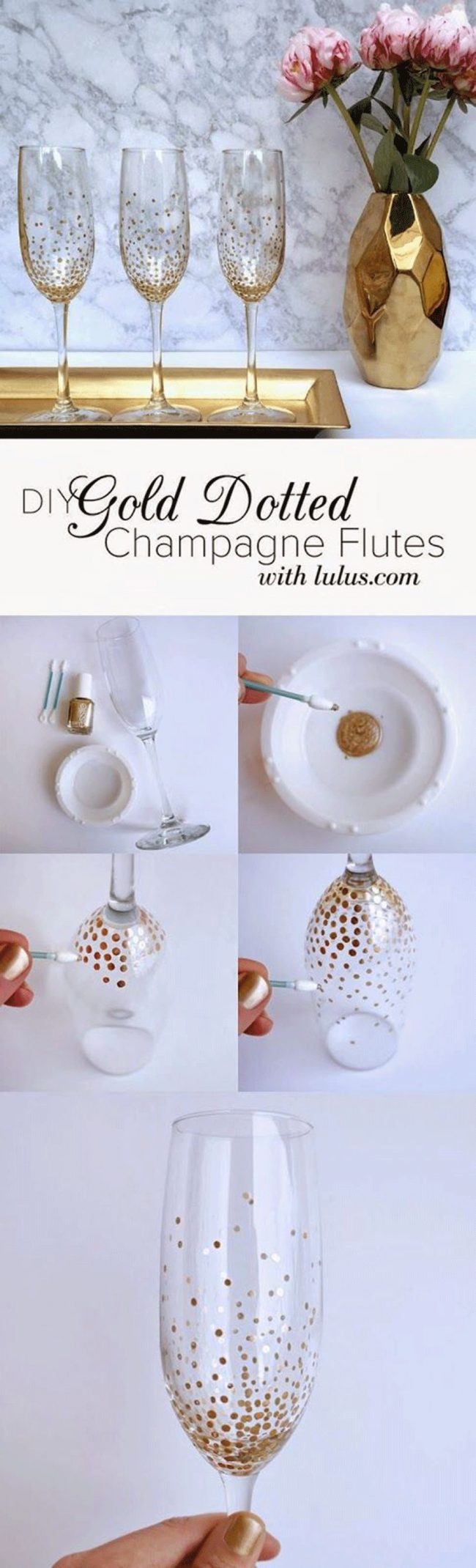 Золотистый декор бокалов для шампанского с помощью лака для ногтей