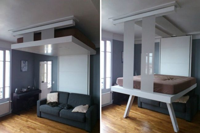 Кровать под потолок - незаменимая вещь в смарт-квартирах, когда вопрос экономии пространства особенно актуален 