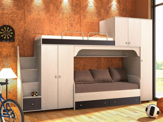 Деревянная стенка с двухспальной кроватью, шкафиком, тумбами, шухлядами и диваном внизу