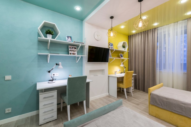 Зонирование цветом детской комнаты для двух детей