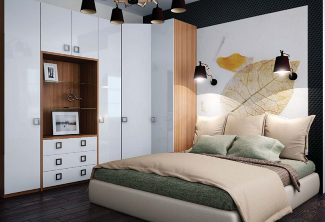 Природную гармонию цветовой палитры оформления комнаты дополняет мягкая кровать 