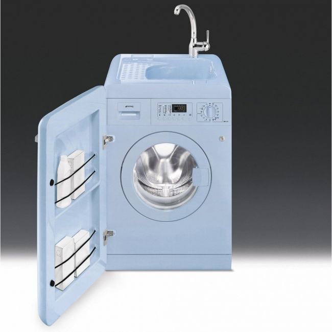 Современная стиральная машина со встроенной раковиной и тумбой для хранения моющих средств